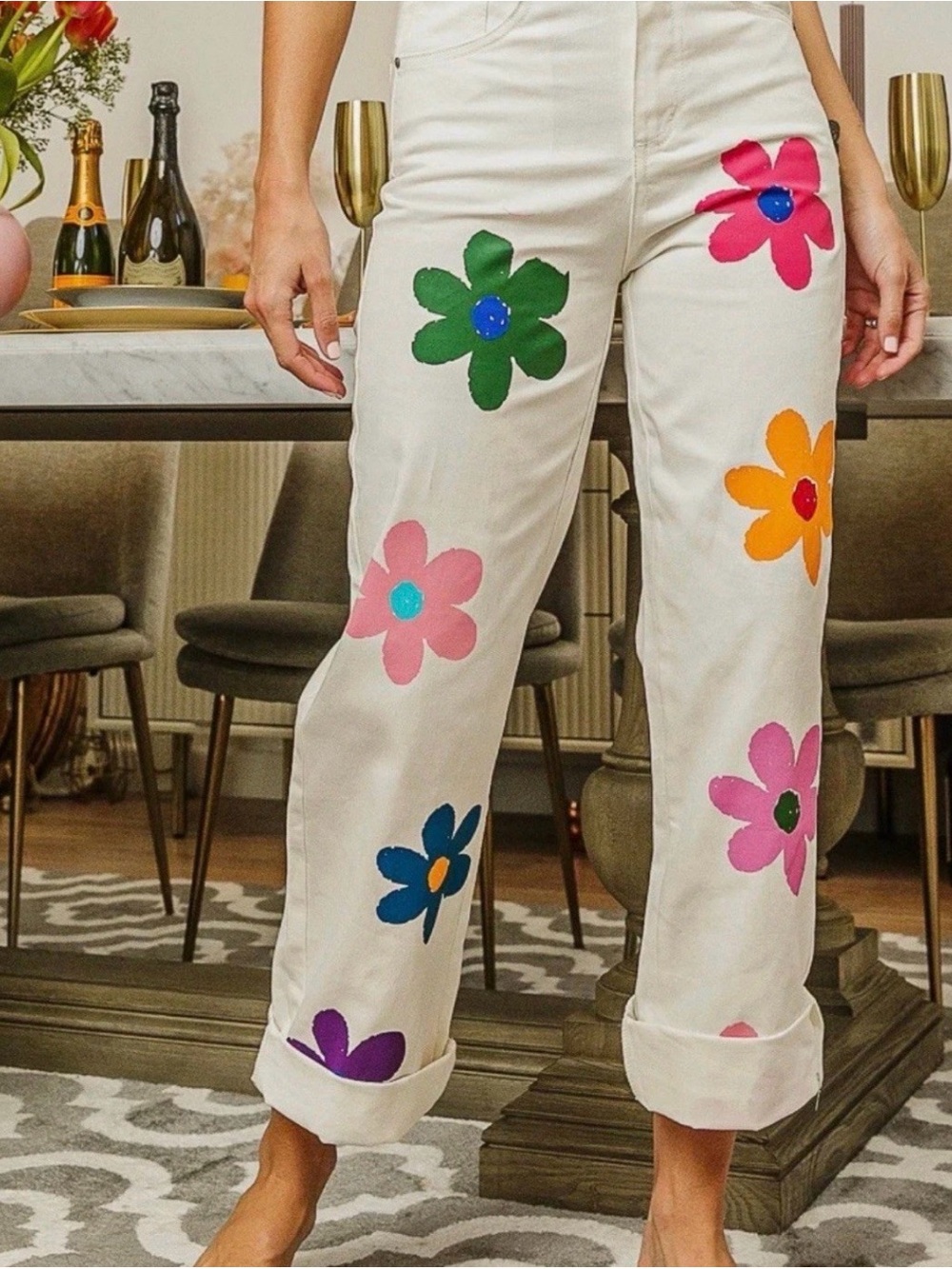 Bibi White Floral Patchwork Boho Retro Jeans with Multicolor Flowers size Small